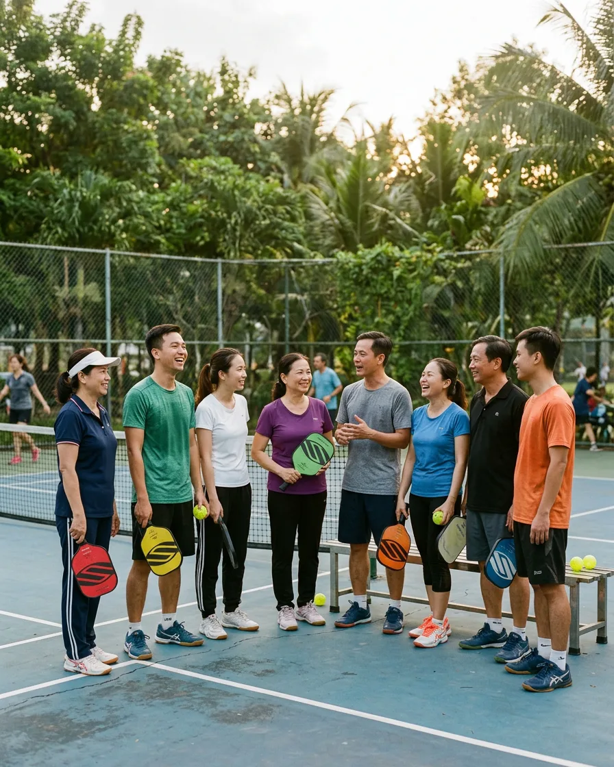 Thành viên câu lạc bộ pickleball trò chuyện sau buổi tập sáng