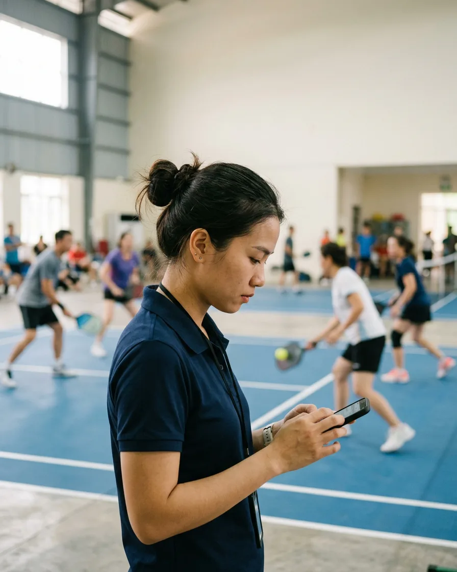 Trọng tài ghi điểm trên điện thoại bên sân pickleball